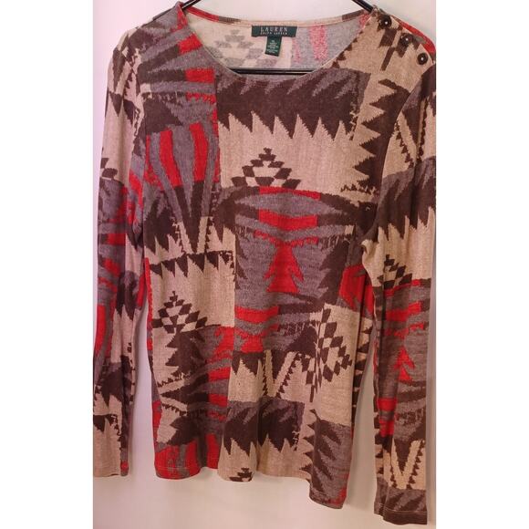 VTG Lauren Ralph Lauren LRL Southwestern Aztec Patchwork Henley Top XL 90s Boho - Picture 3 of 7